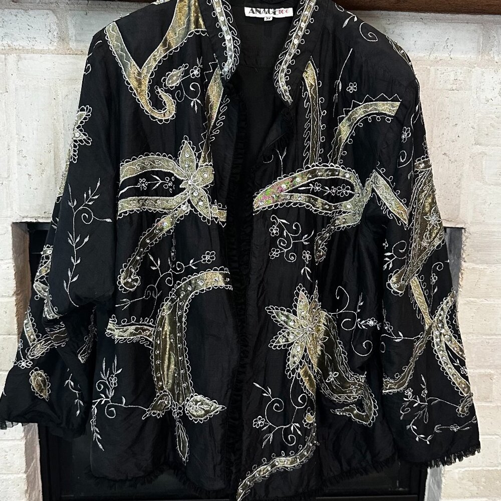 Vintage Anage Too Black & Gold Embroidered Polyester & Silk Jacket - Size 3X